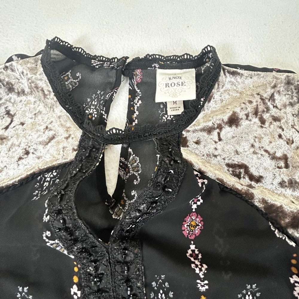 Knox Rose Peasant Blouse Womens Medium Black Boho Velvet Paisley Ethereal Top - Picture 4 of 12
